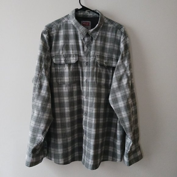 Mens Shirt Wrangler Fishing Outdoor Series Size XL Regular Fit Gray Plaid Vented - Picture 1 of 8